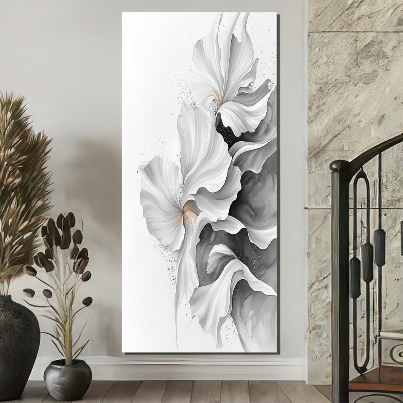 Velours blanc, gris, noir, fleurs abstraites - Fleurs, art mural, H 60 po x l 28 po, Toile tendue, Ne s’applique pas