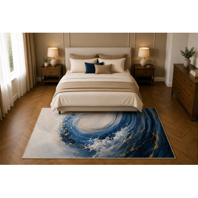 Tapis ultra-léger 152 x 213 cm à motif tourbillon bleu océan, art abstrait de vagues côtières, décoration pour salon, chambre ou bureau, envers antidérapant en silicone, tapis à poils courts