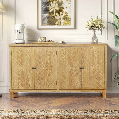 Armoire décorative brune 59 po avec 4 portes, armoire buffet en bois naturel, meuble multimédia, console, armoire pour entrée, salon, chambre à coucher, salle à manger