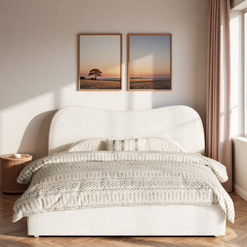 Lit plateforme tapissier avec tête de lit légèrement incurvée et lattes en bois, White, King