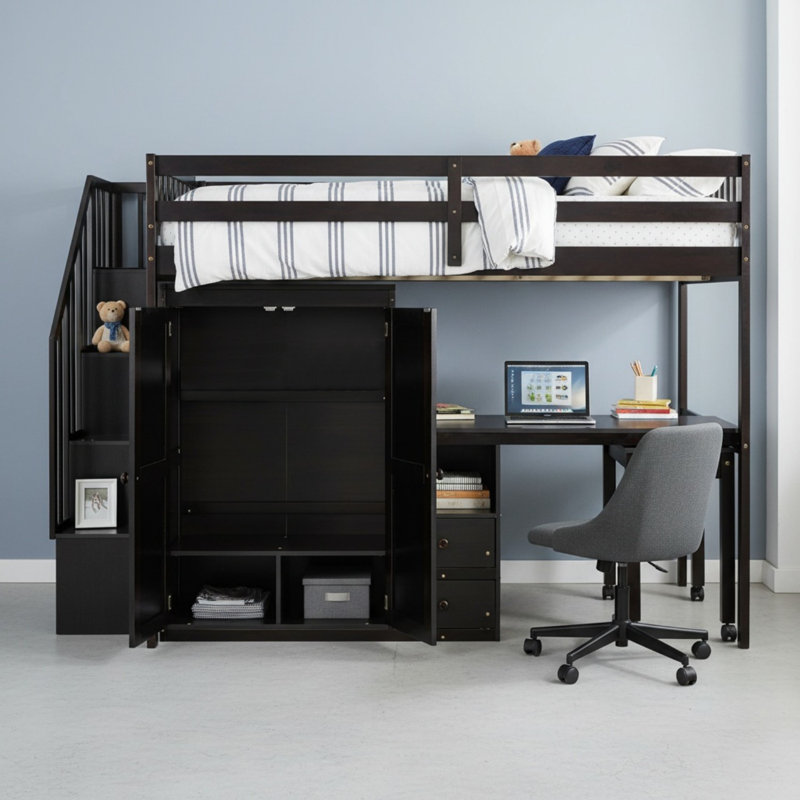 Lit mezzanine avec rangement et bureau, Double, Espresso