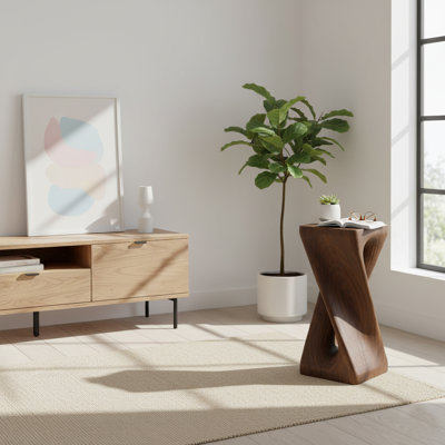 Modern Wooden end table with Twisted Cut-Out Design, Artistic Side Table for Living Room & Bedroom
