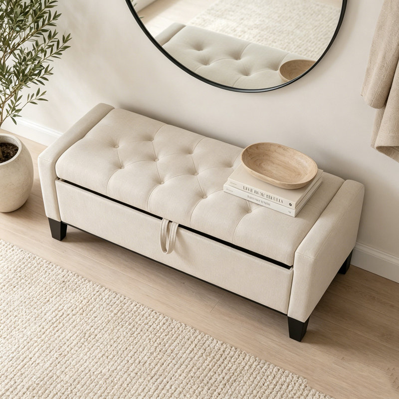 Repose-pieds avec rangement, banc de repose-pieds avec charnière de sécurité, poids de 350 lb, Beige / lin