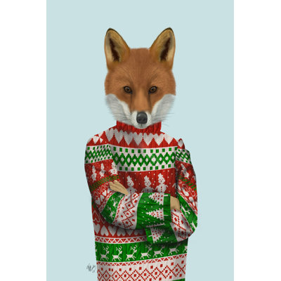 Fox in Christmas Sweater 1 Piece Wrapped Canvas Wall Art