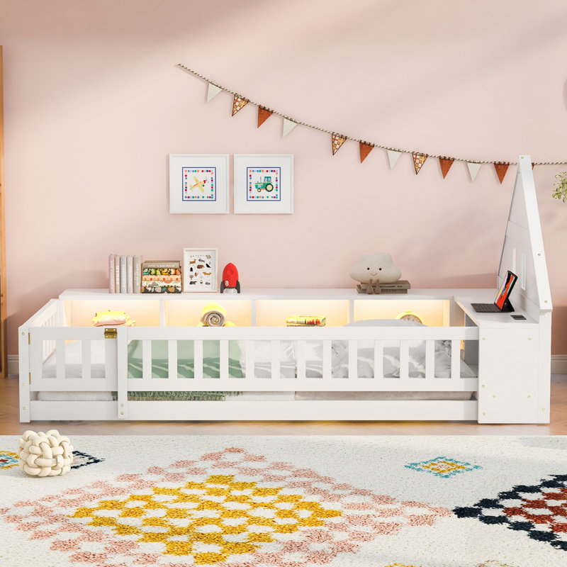 Lit en bois avec garde-corps, tête de lit en forme de maison, rangement, DEL, port USB et prises de courant, White