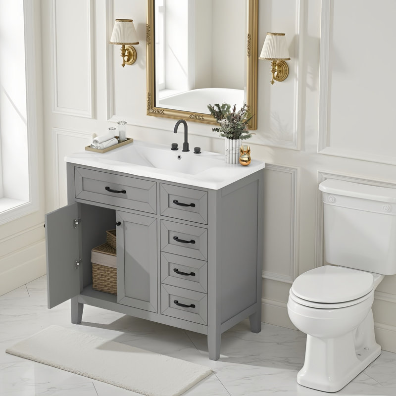 Ensemble de meuble-lavabo sur pied simple 36 po avec lavabo en céramique, 3 tiroirs fonctionnels et armoire de porte, Gris