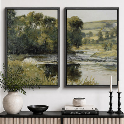 "Lake River Landscape", "Green Woodland Stream", images de campagne pastorale, impression sur toile encadrée, ensemble de 2 impressions murales 16 x 24 x 2, 24 x 36 x 2