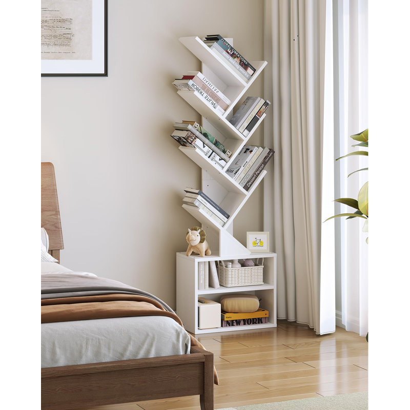 Bibliothèque à 6 niveaux, bibliothèque haute avec armoire de rangement, Blanc