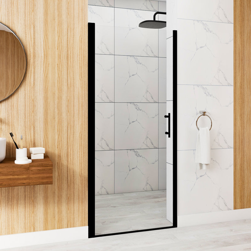 32"X 72" Pivot Shower Door | Matte Black Aluminum Frame | Half Frame | 1/4 Inch Tempered Glass With Explosion-Proof Film | Stainless Steel Handle
