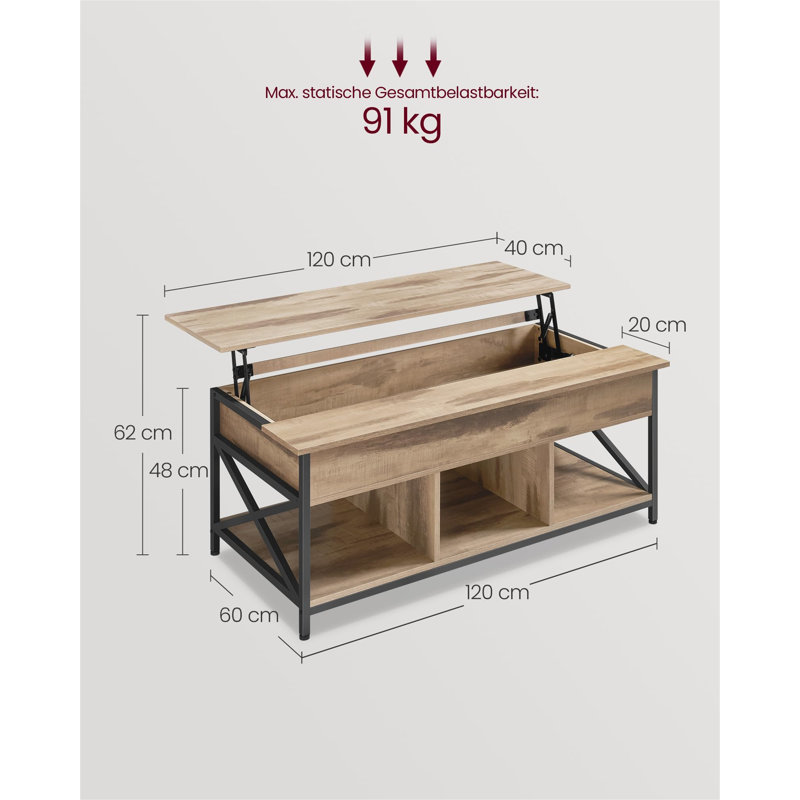 Winigan Lift Top Coffee Table with Storage, 62cm H x 120cm L x 60cm W, Camel brown