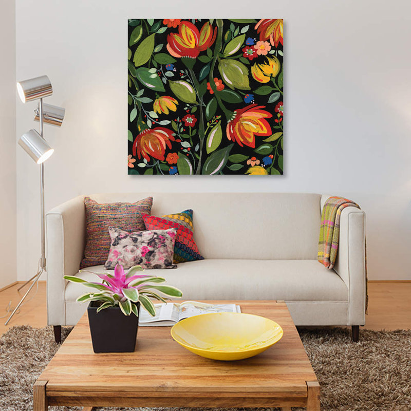 " Haitian Flowers " by Kim Parker, 18" H x 18" W x 1.5" D, Black Framed Canvas, No Mat