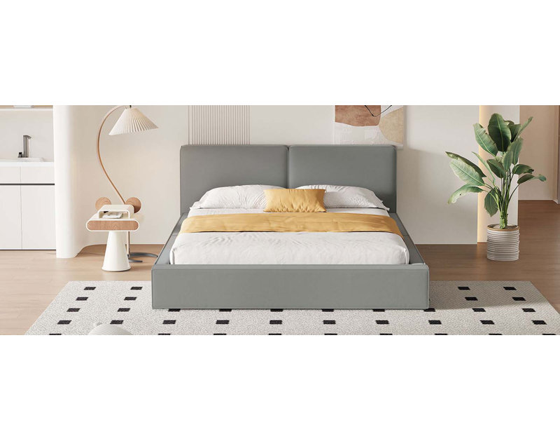Lit plateforme tapissier avec tissu en velours, lit au sol avec structure solide, Gris