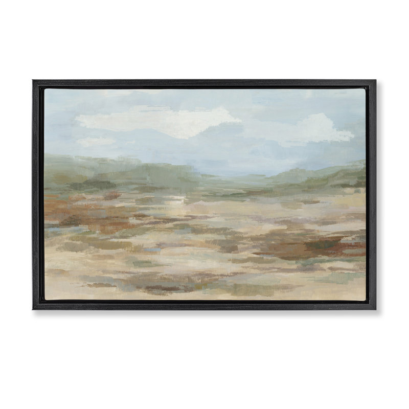 Cadre flottant à vue abstraite Desert Calm, conception par Hannah Dawson, Cadre flottant noir de jais, H 17 po x l 25 po