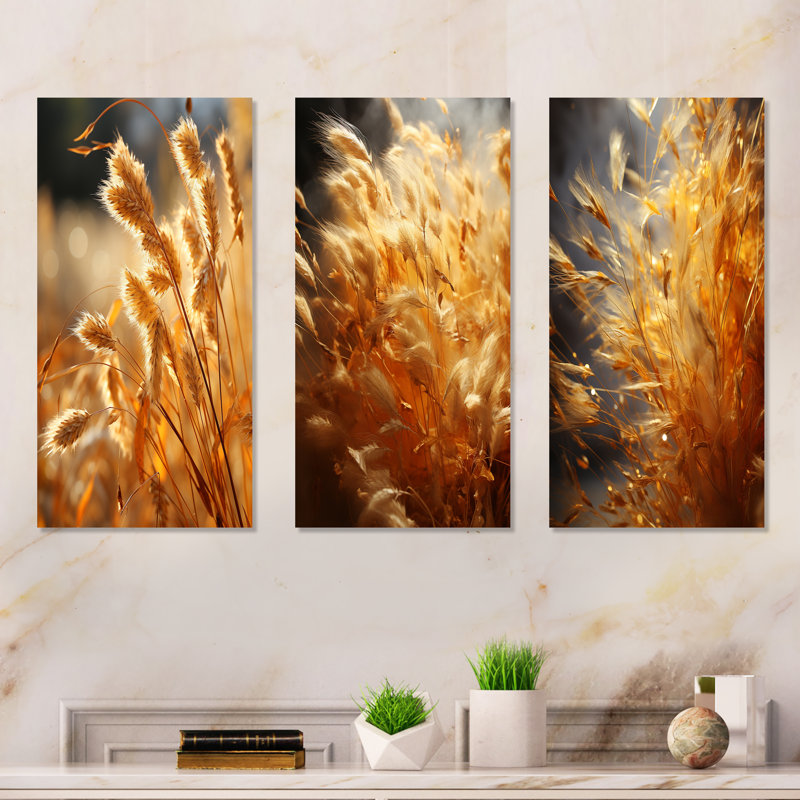 Golden Meadow Grass - Ensemble de 3 décorations murales Meadow, Toile tendue, H 28 po x l 36 po
