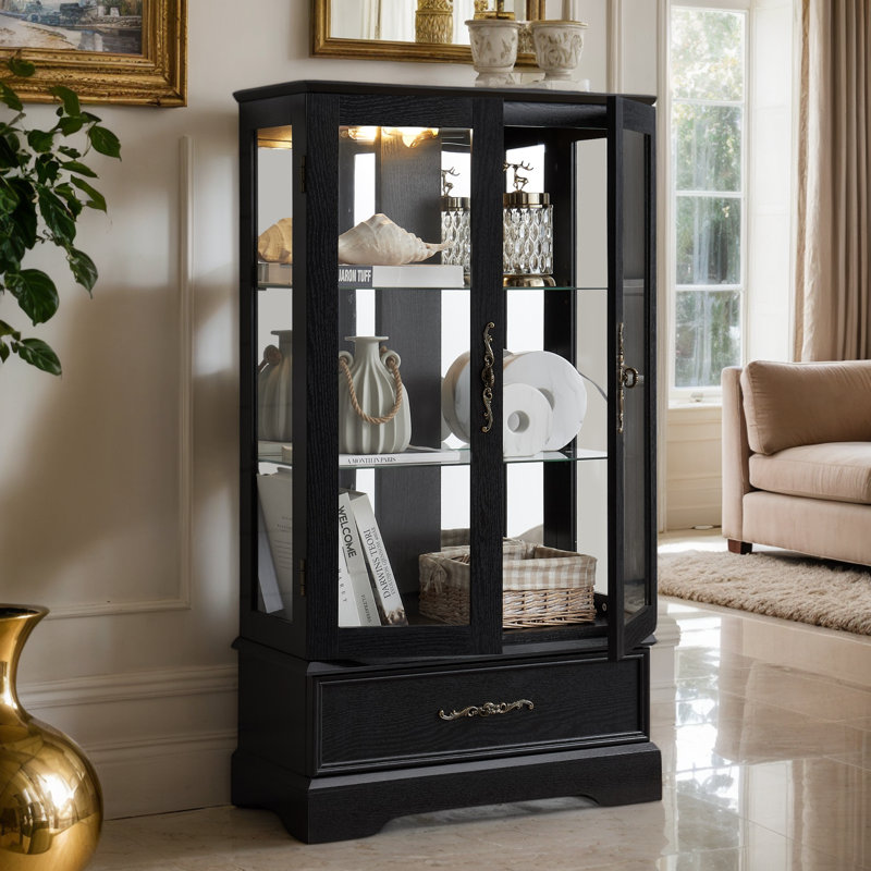 Eyisean 47" Curio Cabinet, Vintage Glass Display Cabinet with 3-Tier Adjustable Glass Shelves, Acrylic Mirrored Back Pane, Light Blub Included, Elegant Design China Cabinet for Living Room, Study Room, Kitchen