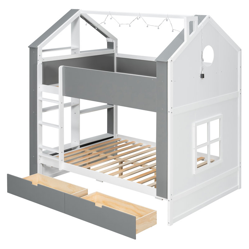 Lit superposé double avec tiroirs et tablettes de rangement, lit superposé en bois avec bande lumineuse, blanc et gris