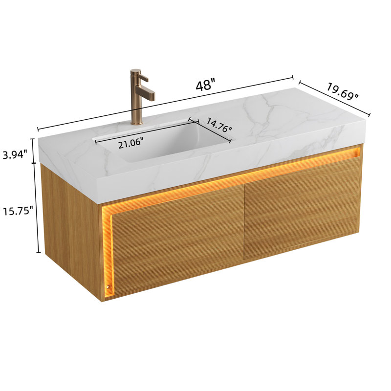 Meuble-lavabo flottant 48 po avec comptoir en pierre frittée blanche, vasque encastrée en céramique, armoire de contreplaqué ultra-mince en grille, enseigne alimentée par capteur à tiroirs, plateau pré-assemblé, lavabo, activé