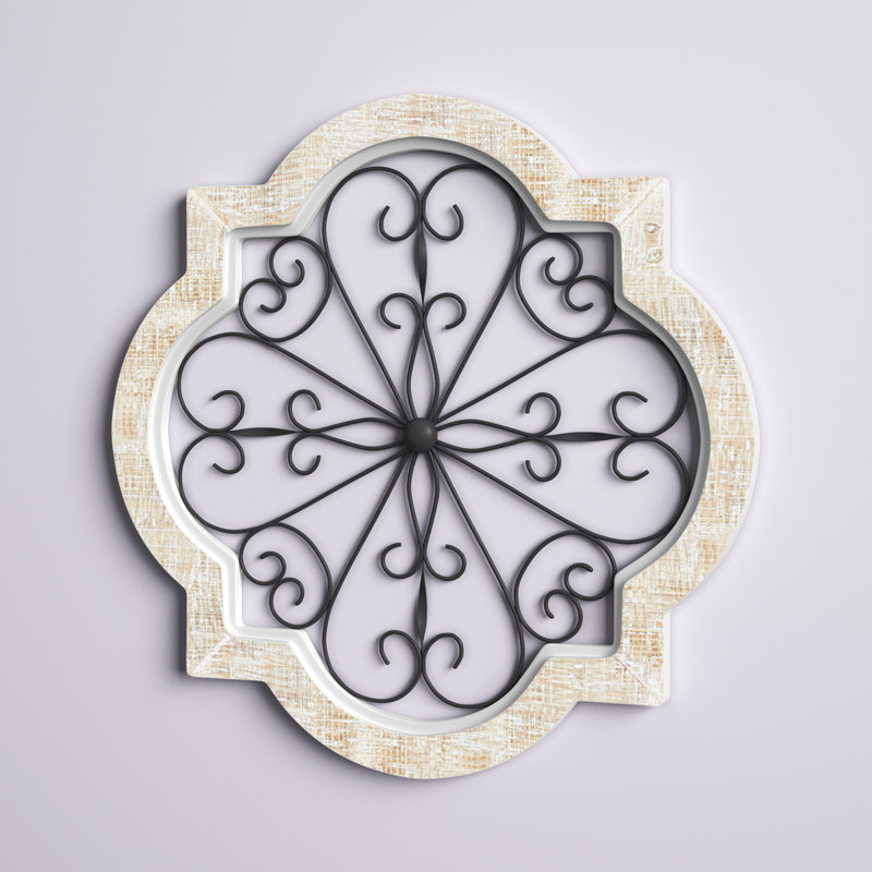 White Wooden Scroll Home Wall Decor with Metal Scroll Work, 22" x 1" x 22"