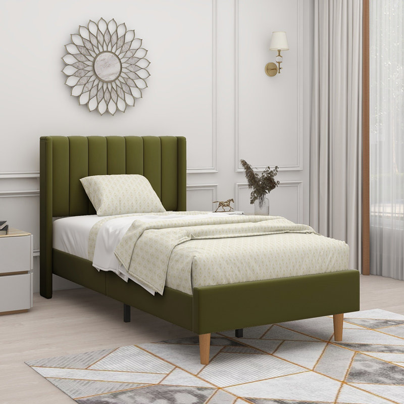 Eriksay Low Profile Upholstered Platform Bed with Wingback Headboard, Twin, Pistachio Velvet