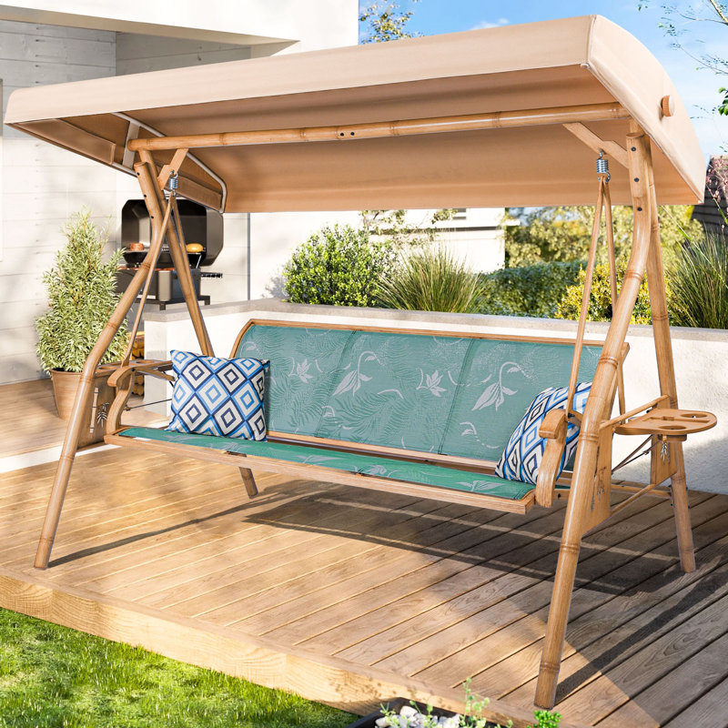 3 Person Patio Outdoor Swing With Adjustable Canopy, Green/Tan