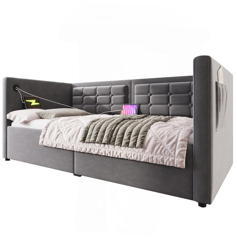 Upholstered Twin Size Daybed, Hydraulic Storage Twin Bed Frame With USB & Type-C Charging, Bed Frame With Wooden Slats And Tufted Sofa Back, Gray, Velvet (Without Mattress)