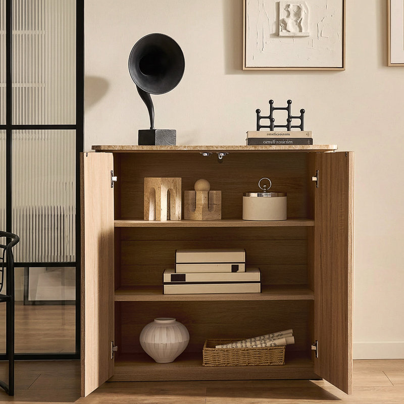 34.4"W Buffet Sideboards Set of 2, Horsforth Cabinet Storage with Faux Marble Top, Natural Oak, Oak