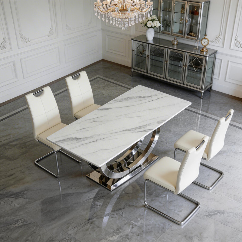 Ensemble de table de salle à manger rectangulaire 69 po pour 4 personnes, 69 po, 5 pièces: table, 4 chaises, Blanc