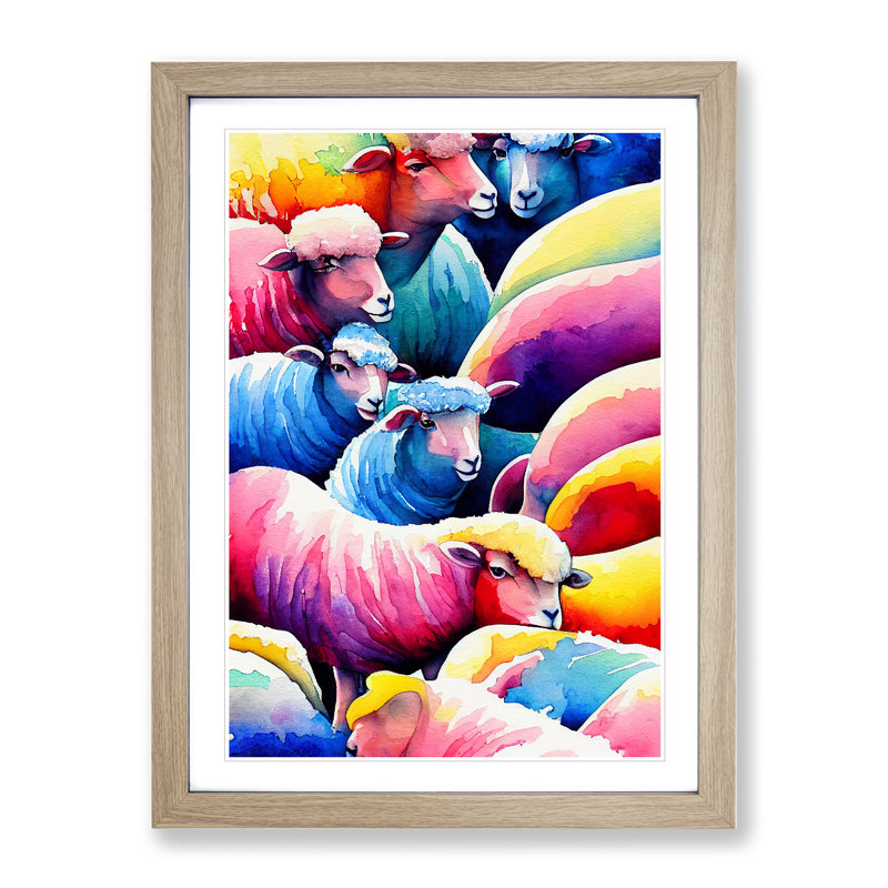 Watercolour Sheep No.3 - Single Picture Frame Painting, 64cm H x 46cm W x 2cm D, Oak