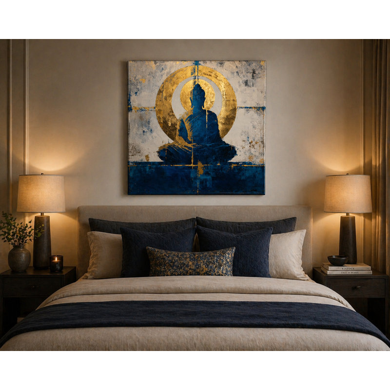 Art mural méditation en équilibre Bouddha - Toile zen bleue et dorée, L 40 po x H 40 po x P 1,5 po