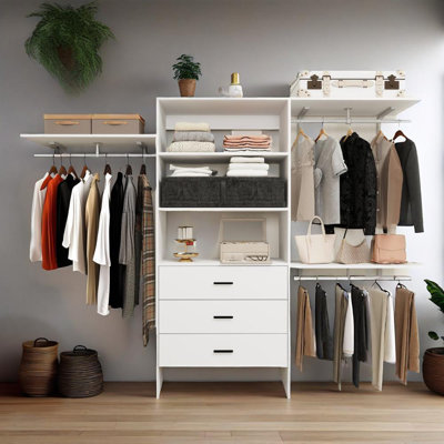 Armoire-penderie moderne blanche avec 6 tablettes et 3 tiroirs
