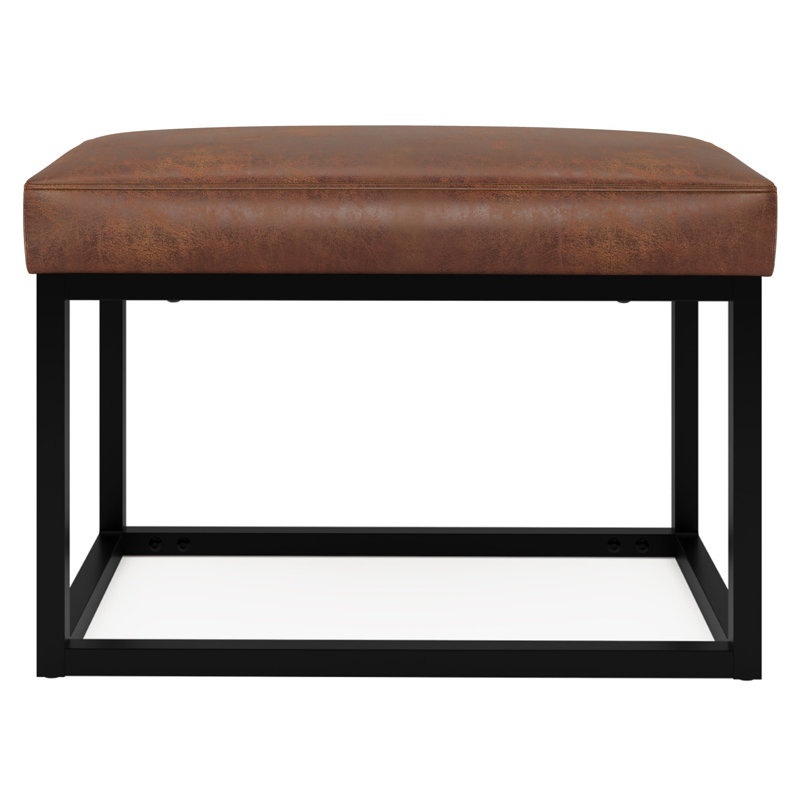 Reynolds 26"W Vegan Leather Contemporary Small Ottoman Bench with Cushioned Seat and Metal Base, Distressed Saddle Brown