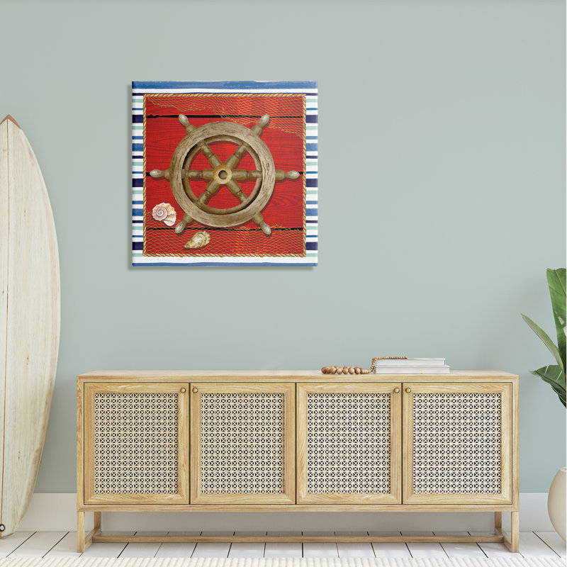 Nautical Boat Helm Striped Maritime Canvas Art, 30 x 30