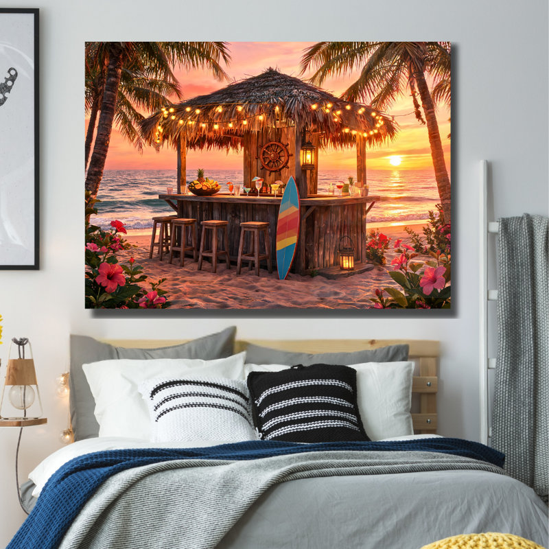 Art mural en verre trempé Tropical Beach Tiki Bar, H 16 po x l 20 po