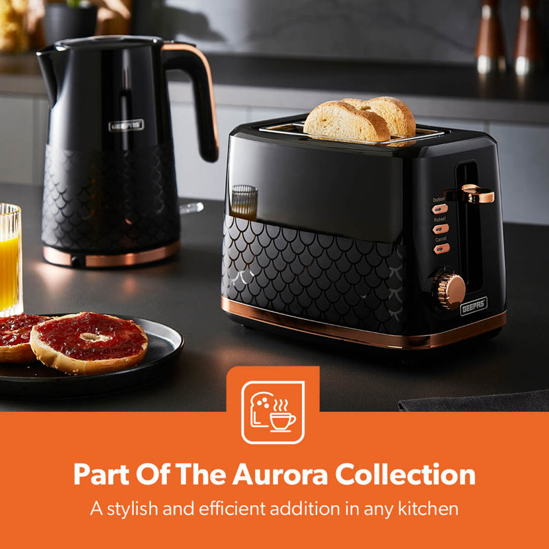 GEEPAS Aurora 2 Slice Toaster | 7 Browning Levels Cancel Defrost Reheat | For Thin Small Bread Slice, Removable Crumb Tray Cool Touch Housing High Lift | Space-Saving Design | 2 Yr Warranty 870W