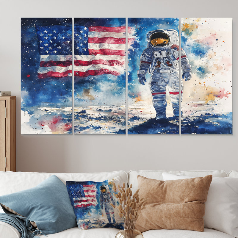 Drapeau des États-Unis sur l'atterrissage de la lune IV - Art mural espace - ensemble d'astronomie murale 4 pièces