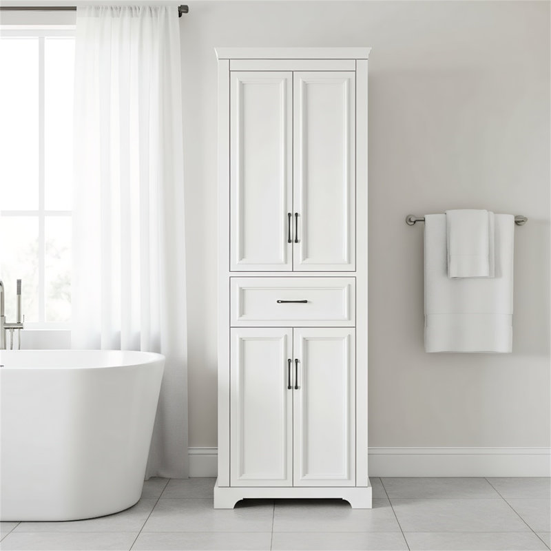 Armoire de rangement autoportante pour salle de bain - Conception moderne et élégante avec 4 portes et 1 tiroir, rangement compact, tablettes réglables et portes à charnières à fermeture en douceur