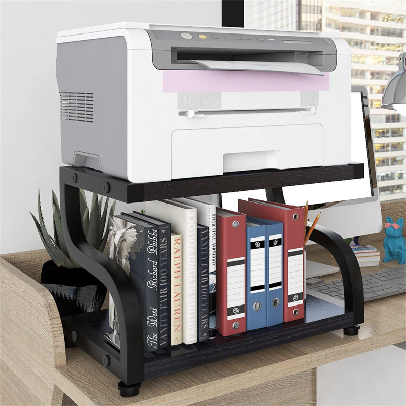 Black Metal and Wood Dual Tier Printer Stand Organizer