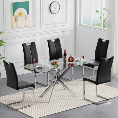 Glass Dining Table Set, Modern Glass Kitchen Table and Chairs, Dining Room Table Set with 51" Glass Dinner Table & Faux Leather Chairs for Small Space,Home, Apartment