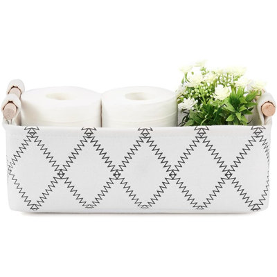 Panier de rangement pour réservoir de toilette, organisateur de salle de bain pour rouleaux de papier hygiénique, panier de rangement pliable décoratif avec poignées en bois, organisateur de comptoir et de tablette, Boho Home Decor, blanc
