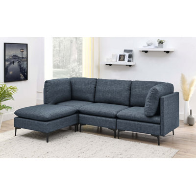 Modular Sectional Sofa with Linen Upholstery,  Metal Legs
