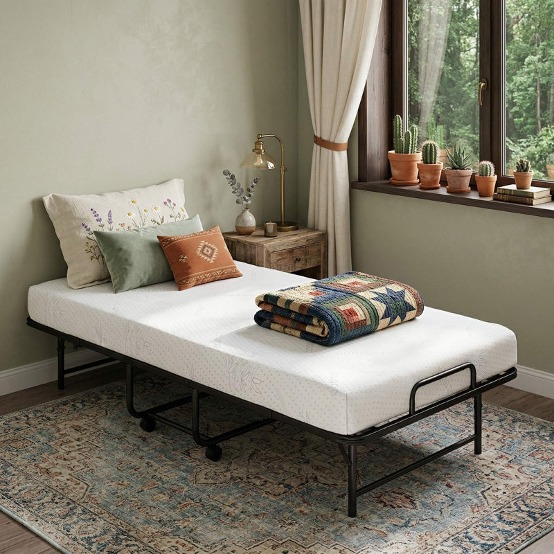 Lit simple escamotable pliant pour lit simple, matelas en mousse viscoélastique de qualité supérieure de 5 pouces et roues lisses verrouillables