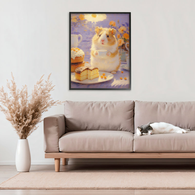 Hamster Tea Party avec gâteau, estampe numérique, design par Angie Hawke, 30 x 24, Midnight Black Giclee Framed
