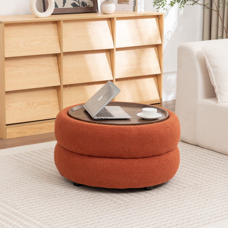 Upholstered Round Storage Ottoman, Orange