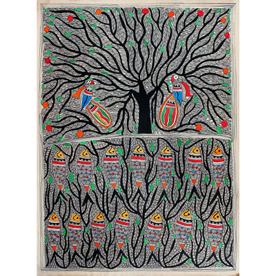 Peacock Around Tree With Fishes Around Roots | Madhubani Painting