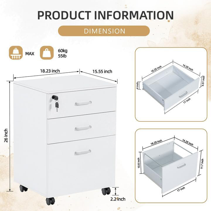 Lusia 18.2'' Wide 3 -Drawer Mobile File Cabinet