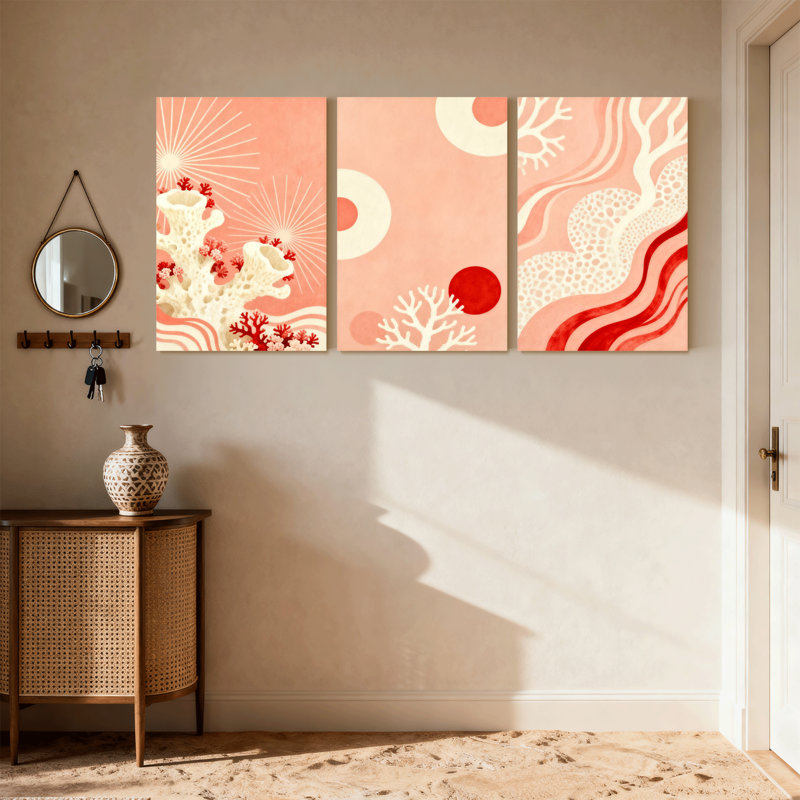 Abstrait, corail, vagues, rayons de soleil, cercles, motifs, reflet, conception artistique, ensemble de 3 impressions sur toile