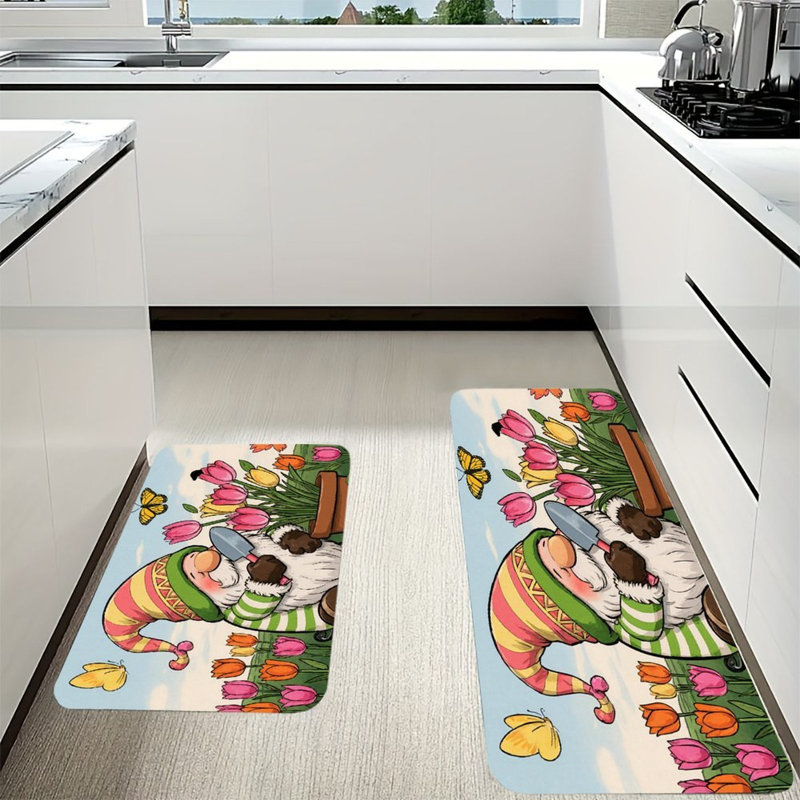 Tapis de cuisine antidérapant 2 pièces Gnome Tulip Garden