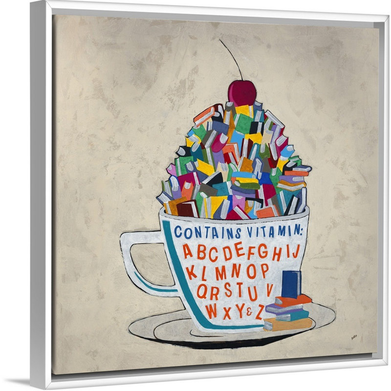 « vitamines a à z », peinture sur toile, H 25,7 po x l 25,7 po x p 1,75 po, Cadre flottant blanc