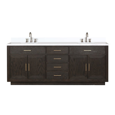 Brown Oak Double Bath Vanity 84 In. W X 22 In. D, White Quartz Top, And Faucet Set