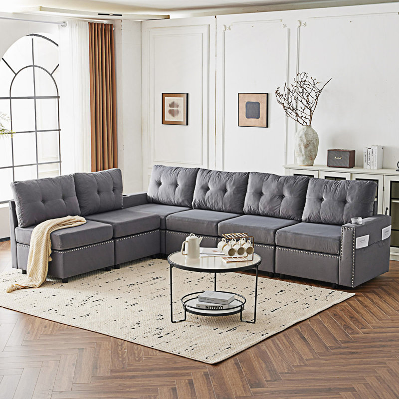 Canapé modulaire avec rangement, canapé-lit dans le salon, Velours gris velours